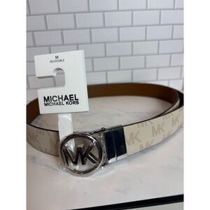 Michael Kors Reversible Belt MK Logo Vanilla Brown Leather Silver Buckle
